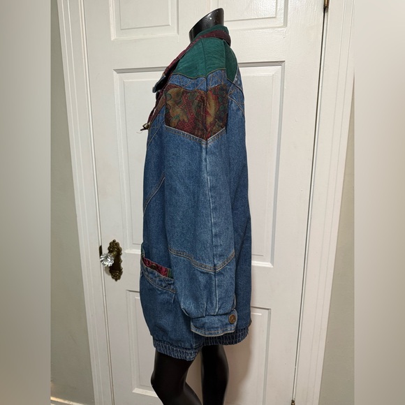 Vintage 1980s 1990s Long Denim Patchwork Coat Jacket Green Brown Pockets Small - Picture 3 of 5